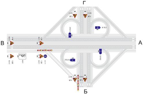 Транспортная развязка - клеверный лист. Зона производства работ на левоповоротном съезде. Пропуск транспортных средств по правоповоротному съезду с устройством разворота на одной из дорог