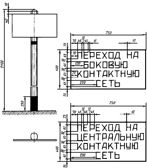 Знаки "ПЕРЕХОД НА БОКОВУЮ КОНТАКТНУЮ СЕТЬ" и "ПЕРЕХОД НА ЦЕНТРАЛЬНУЮ КОНТАКТНУЮ СЕТЬ"