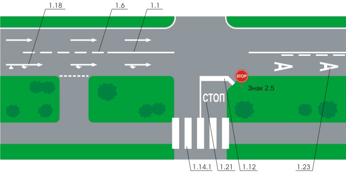 Вид горизонтальной дорожной разметки 1.1, 1.6, 1.12, 1.14.1, 1.18, 1.21, 1.23